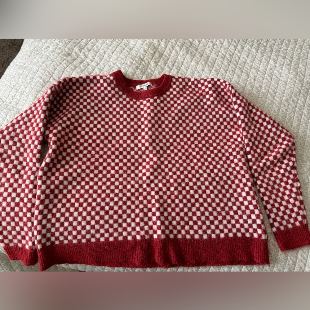 Madewell Red and White Checkered Knit Sweater